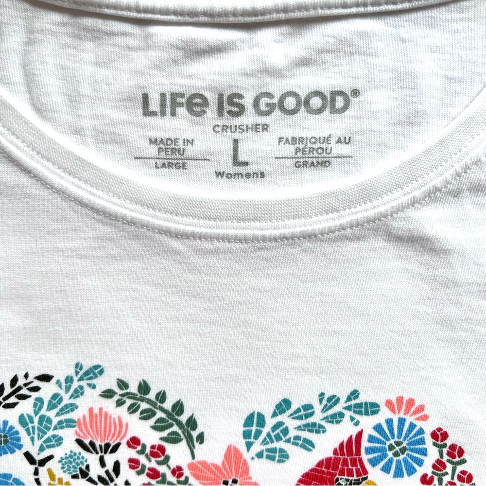 Life Is Good White Short Sleeve Tee with Floral Heart Bird Graphic - Picture 4 of 6